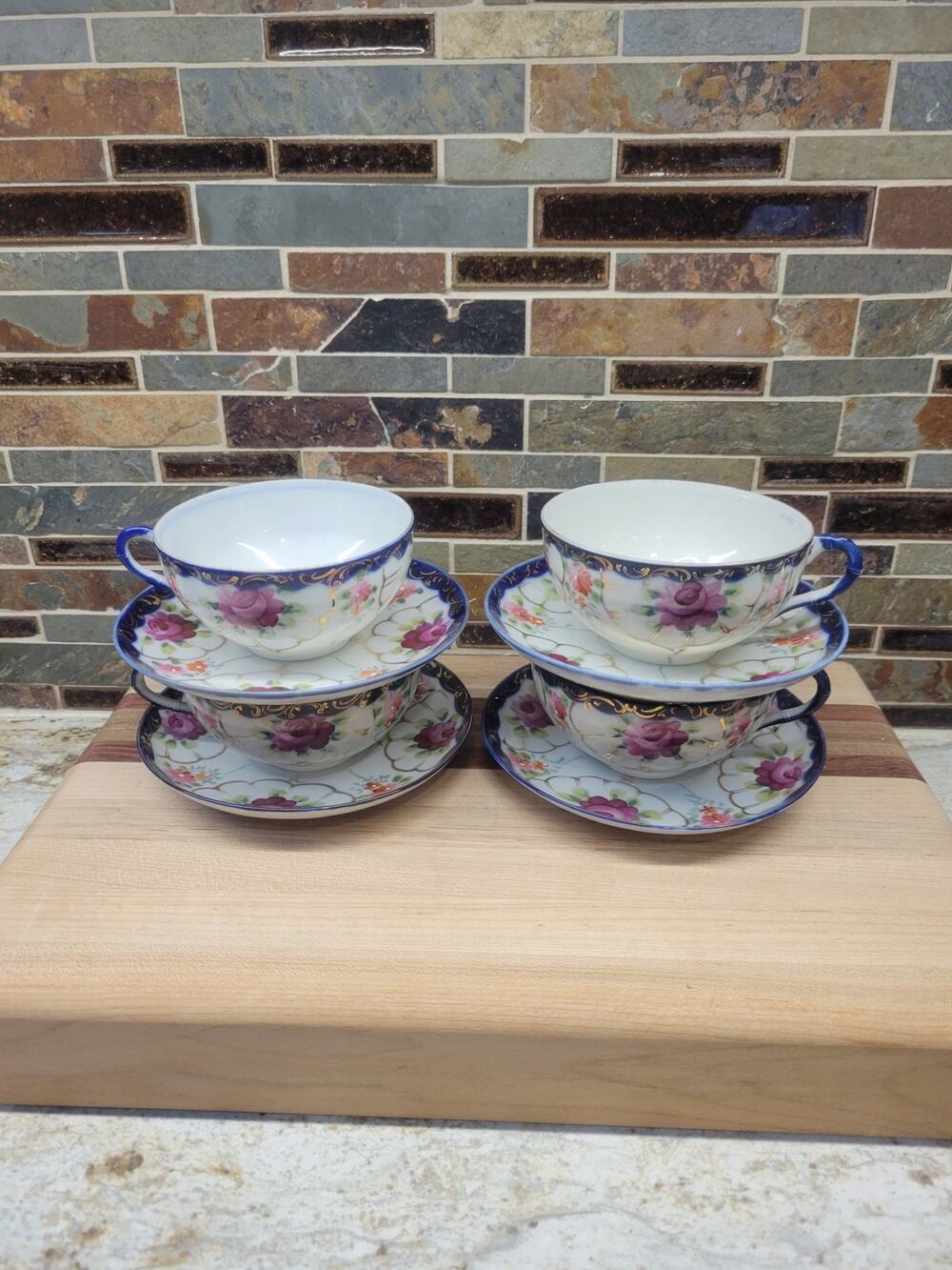 Antique Nippon Teacup Saucer Set of 4 Hand Painted Pink Roses Cobalt Blue Gold